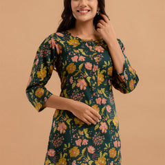 Women Green Cotton Printed Short Kurti