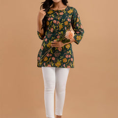 Women Green Cotton Printed Short Kurti