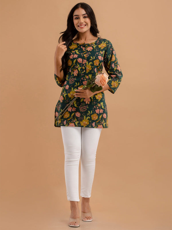Women Green Cotton Printed Short Kurti