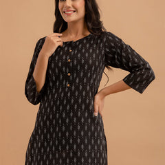Women Black Cotton Printed Short Kurti