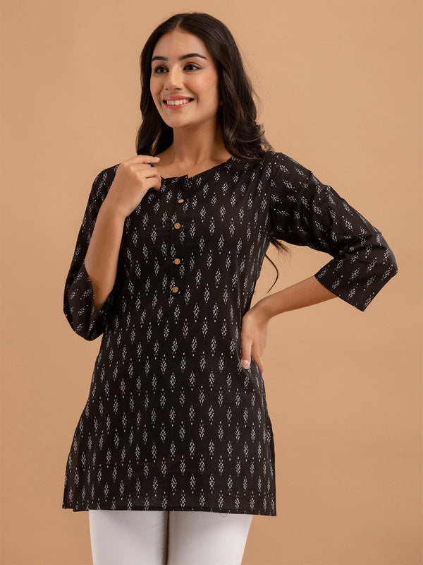 Women Black Cotton Printed Short Kurti