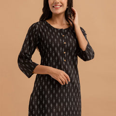 Women Black Cotton Printed Short Kurti
