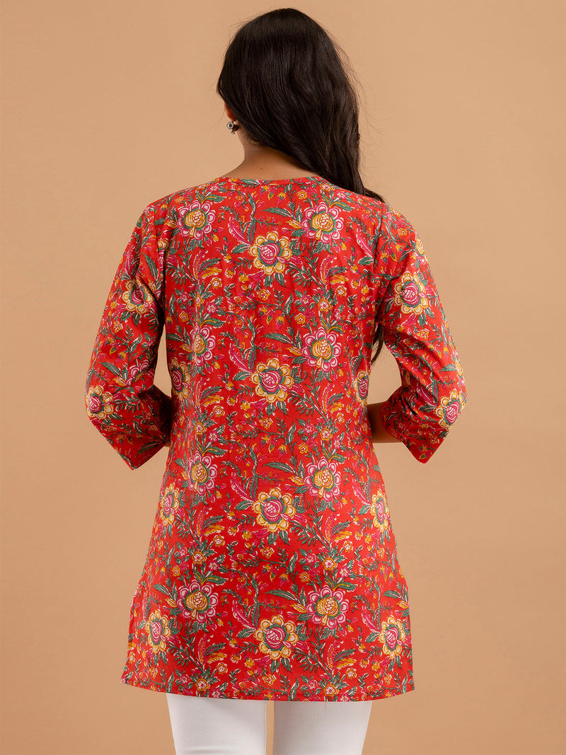 Women Red Cotton Printed Short Kurti