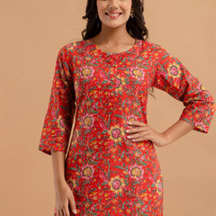 Women Red Cotton Printed Short Kurti