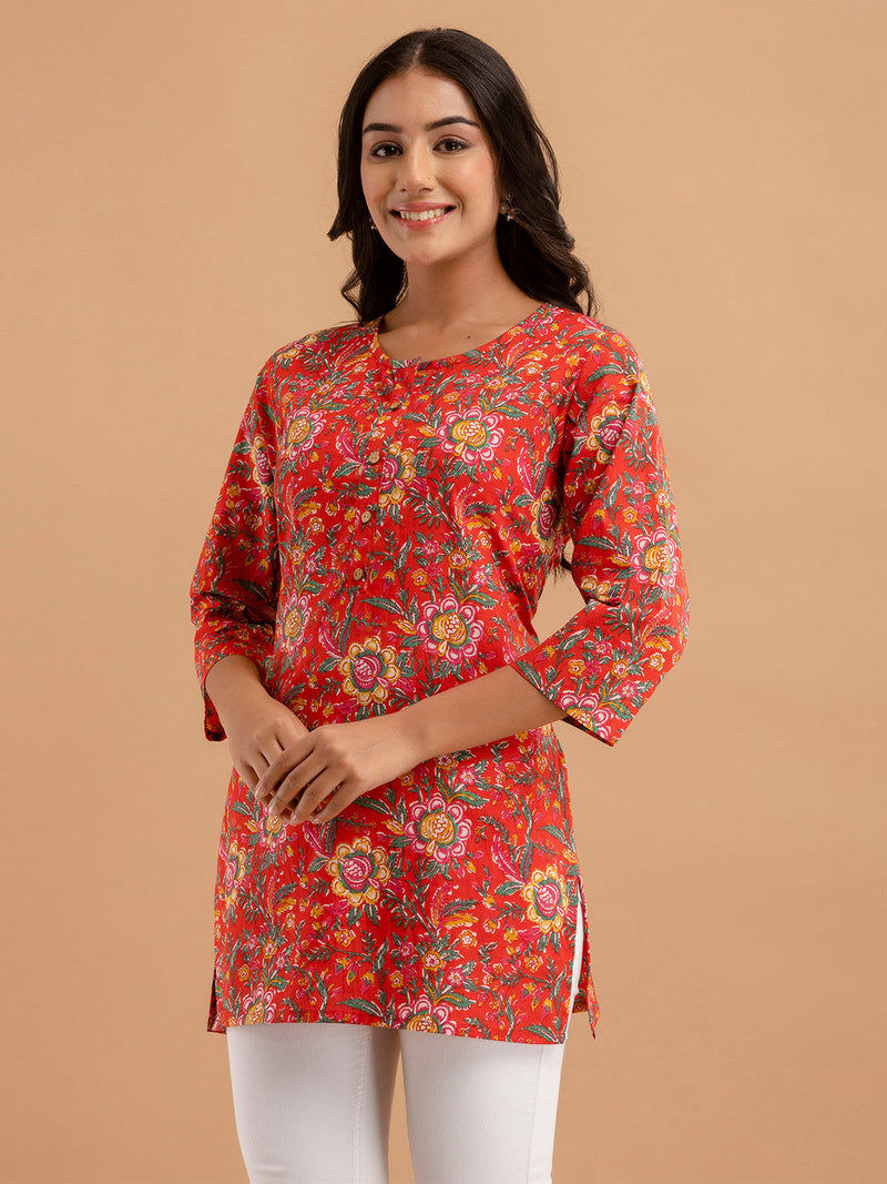 Women Red Cotton Printed Short Kurti