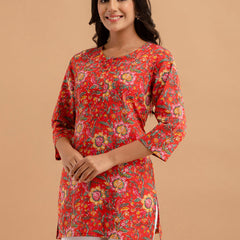 Women Red Cotton Printed Short Kurti