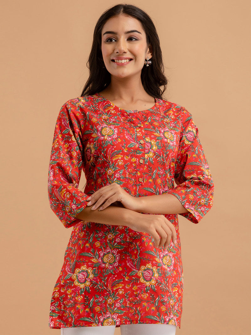 Women Red Cotton Printed Short Kurti