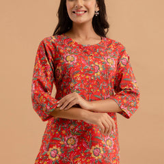 Women Red Cotton Printed Short Kurti