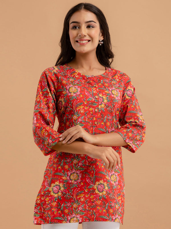 Women Red Cotton Printed Short Kurti