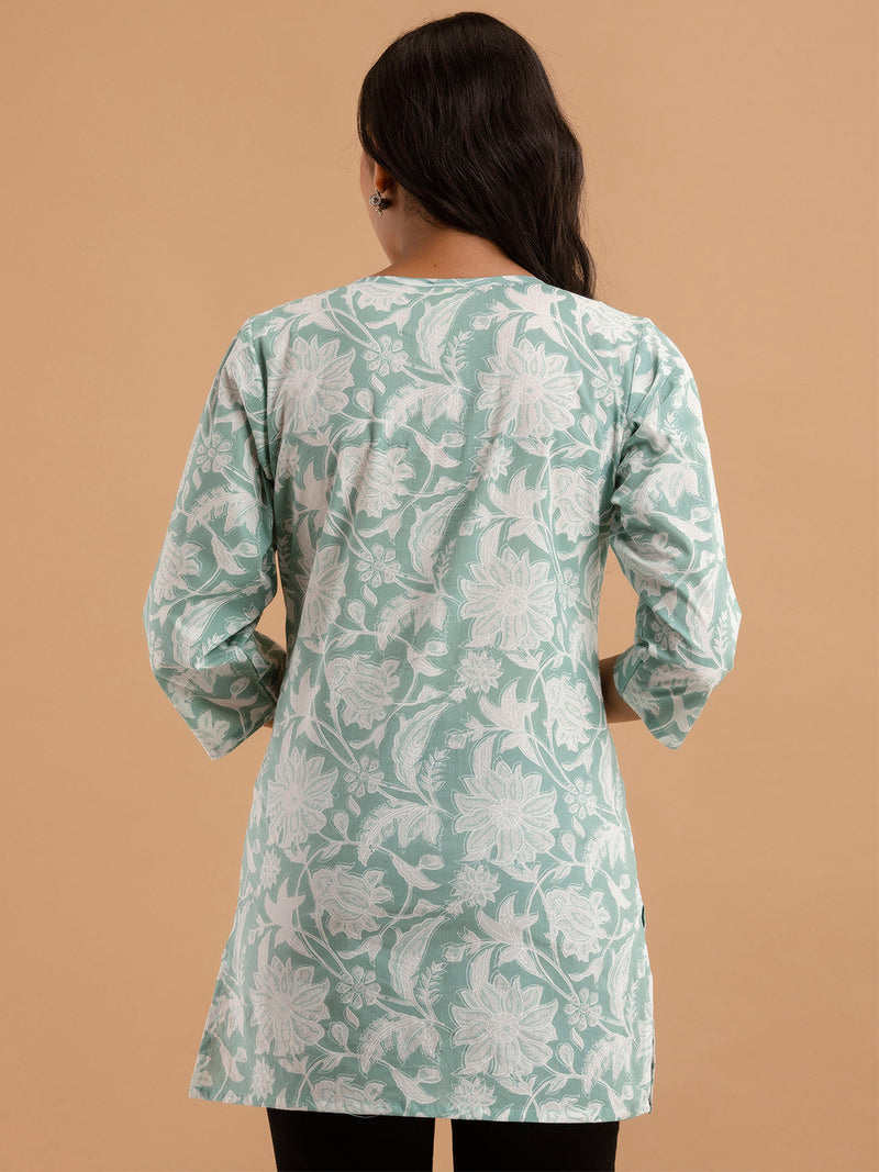 Women Sea Green Cotton Printed Short Kurti
