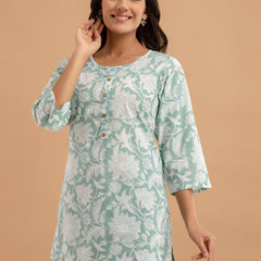 Women Sea Green Cotton Printed Short Kurti