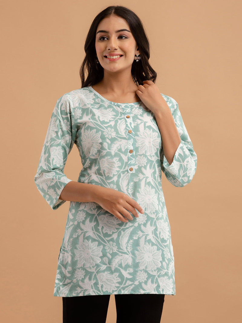 Women Sea Green Cotton Printed Short Kurti