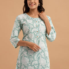 Women Sea Green Cotton Printed Short Kurti