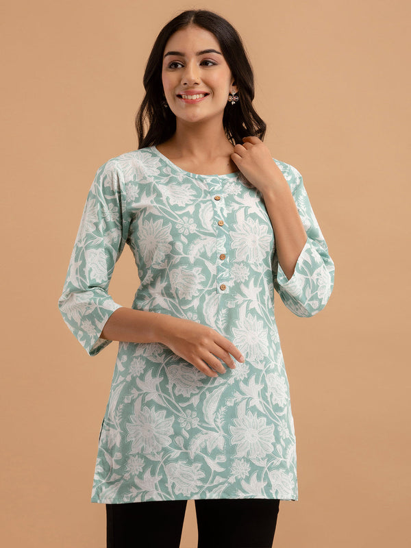 Women Sea Green Cotton Printed Short Kurti