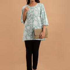 Women Sea Green Cotton Printed Short Kurti