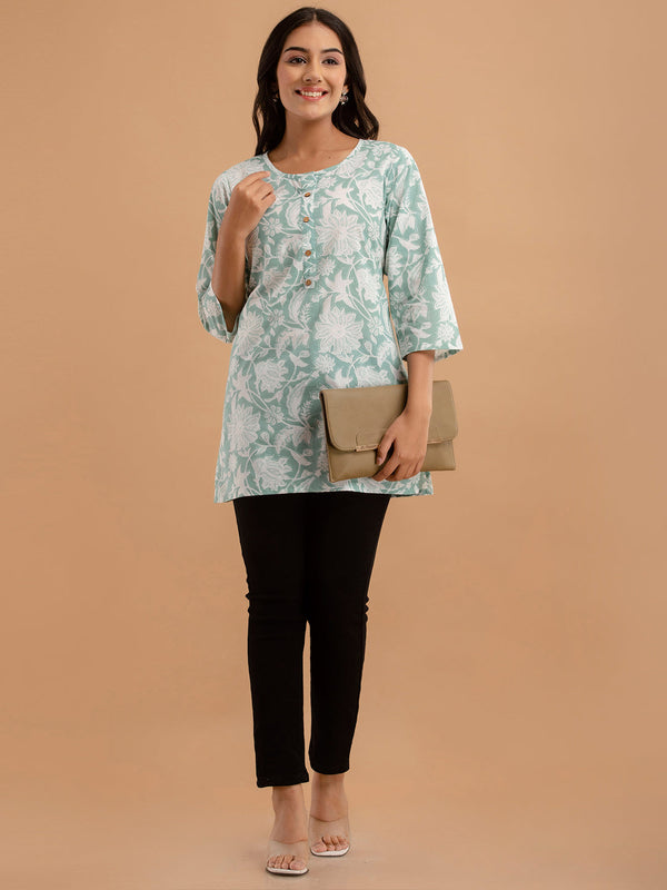 Women Sea Green Cotton Printed Short Kurti