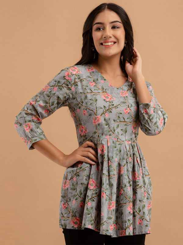 Printed Cotton Grey Peplum Tunic