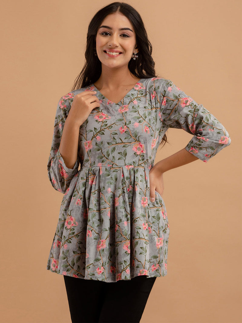 Printed Cotton Grey Peplum Tunic