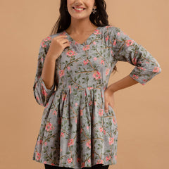 Printed Cotton Grey Peplum Tunic