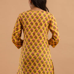 Women Yellow Cotton Printed Short Kurti