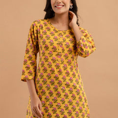 Women Yellow Cotton Printed Short Kurti