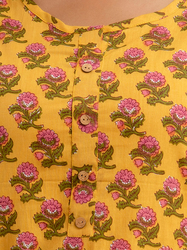 Women Yellow Cotton Printed Short Kurti