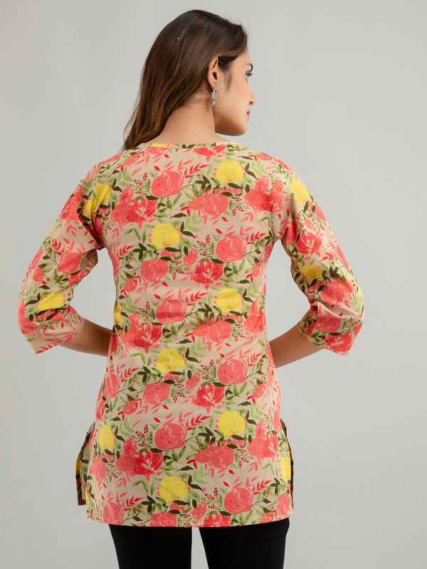 Women Beige Cotton Printed Short Kurti
