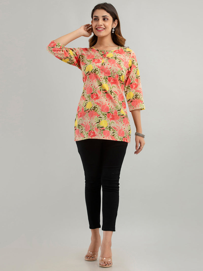 Women Beige Cotton Printed Short Kurti