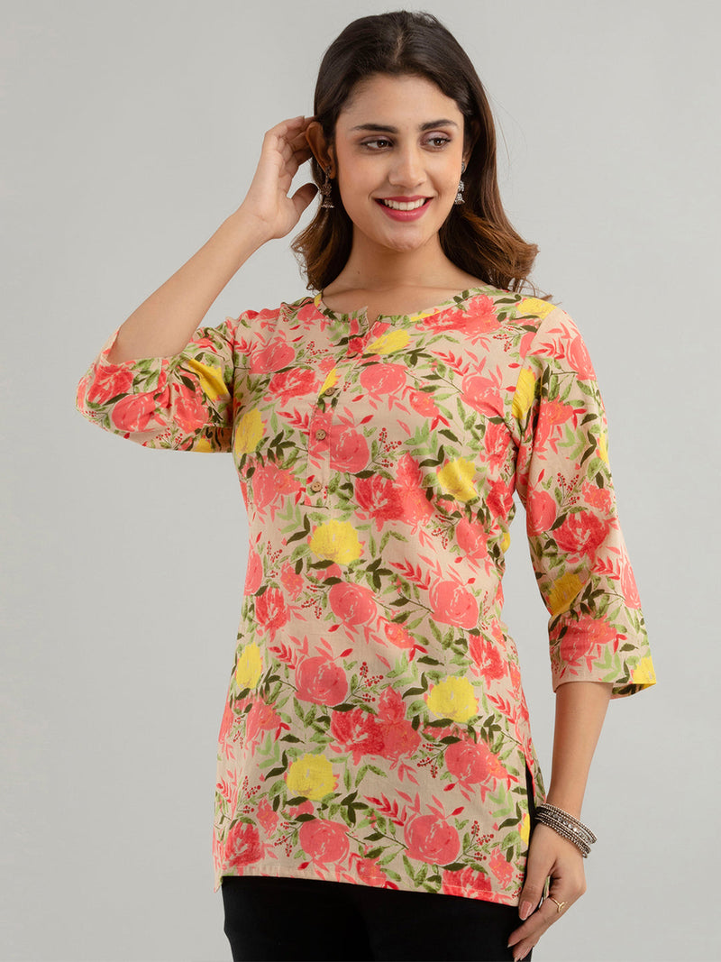 Women Beige Cotton Printed Short Kurti