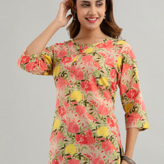 Women Beige Cotton Printed Short Kurti
