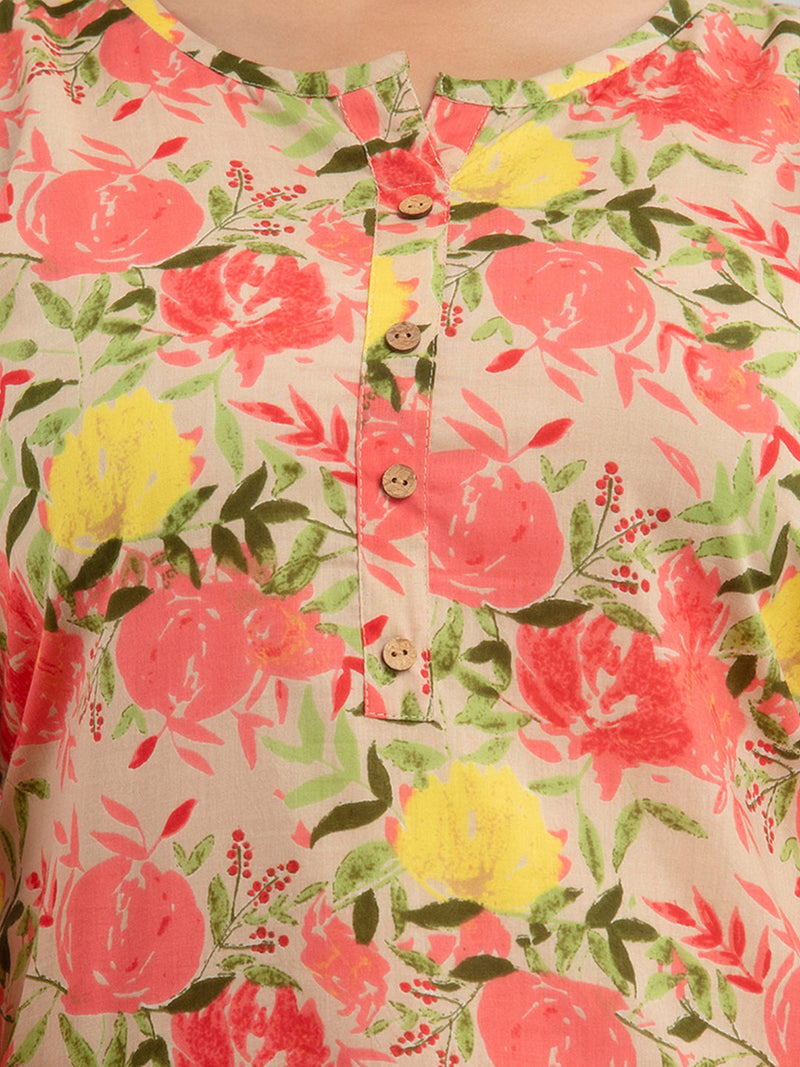 Women Beige Cotton Printed Short Kurti