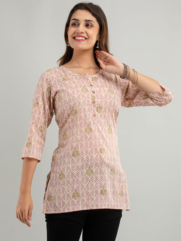Women Mauve Cotton Printed Short Kurti