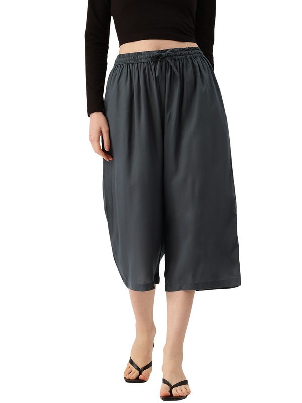 Women's Culottes | Calf-Length Pants with Double Pockets & Elastic Waistband