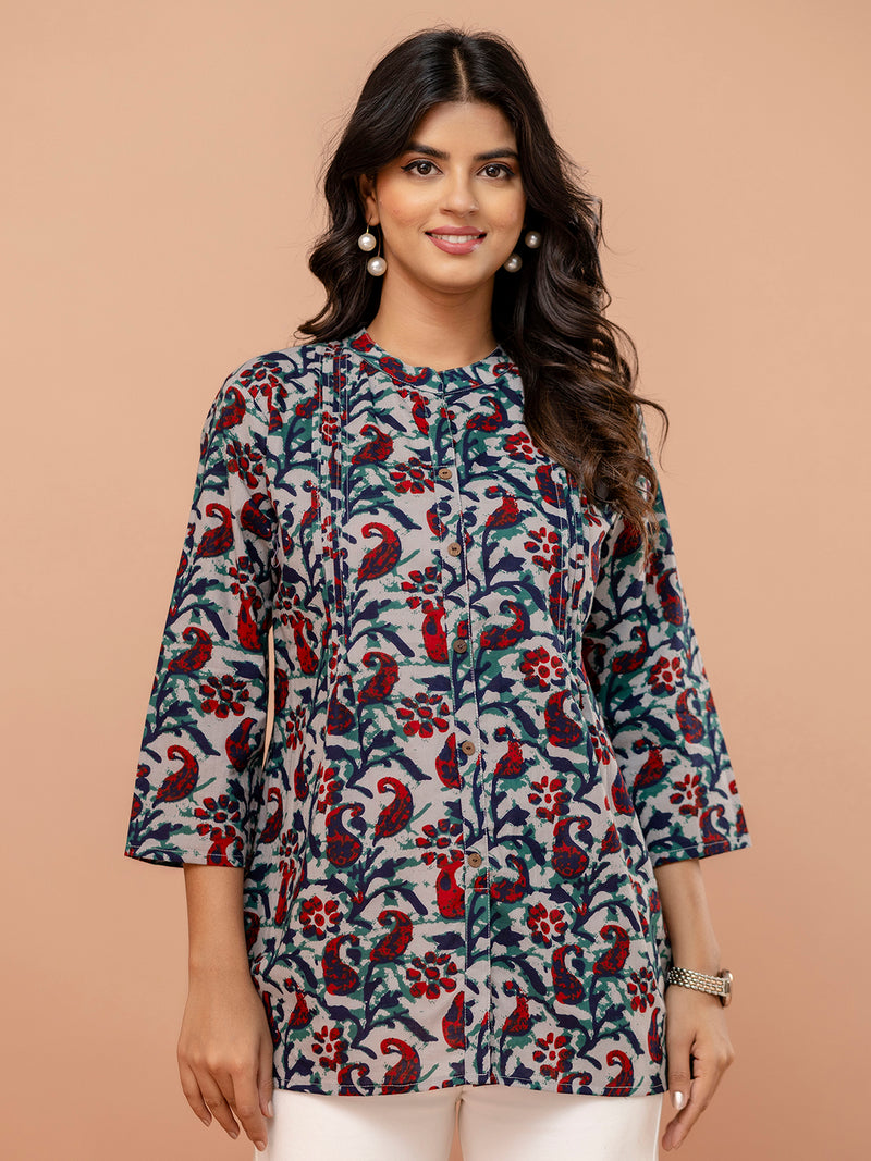 Elegant Mandarin Collar Printed Tunic – Stylish & Comfortable, Sizes