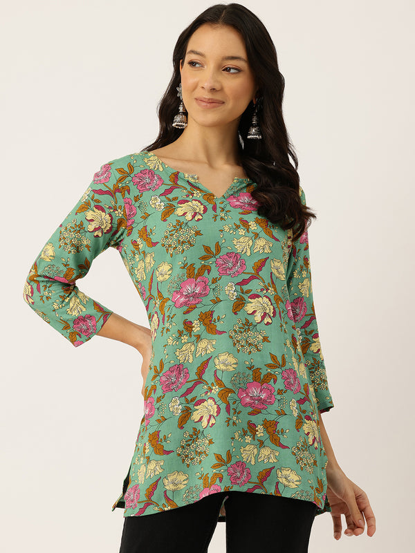 3/4 Sleeve Round Neck Vcut top Green2 Colour