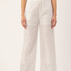 White Embroidered Palazzos–Fully Lined, Elastic Waist & Ankle-Length with Side Pocket