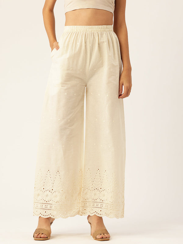 Beige Palazzos | Embroidered Elegnace With Elastic Waist & Single Pocket