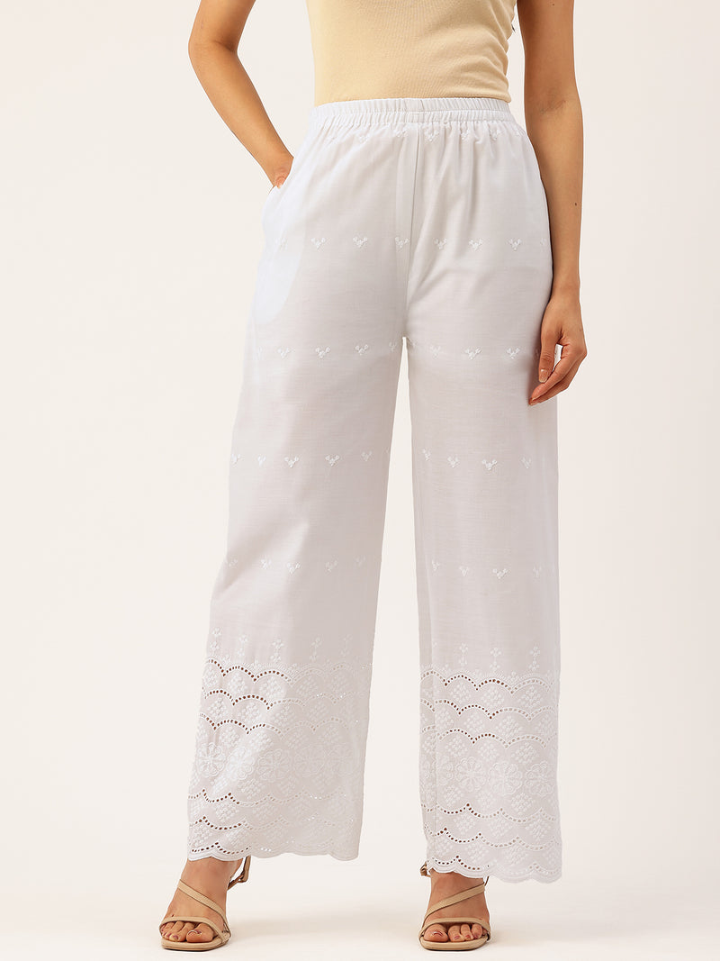White Embroidered Palazzos–Fully Lined, Elastic Waist & Ankle-Length with Side Pocket