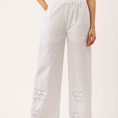 White Embroidered Palazzos–Fully Lined, Elastic Waist & Ankle-Length with Side Pocket