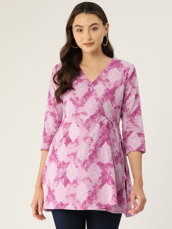 Floral Print Angrakha 3\4 Sleeves Flared Kurti