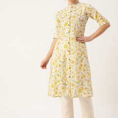 Elegant A-Line Long Kurta for Women - Mandarin Collar with Button Detailing