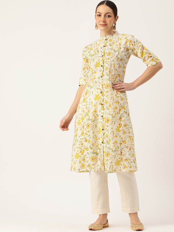 Elegant A-Line Long Kurta for Women - Mandarin Collar with Button Detailing