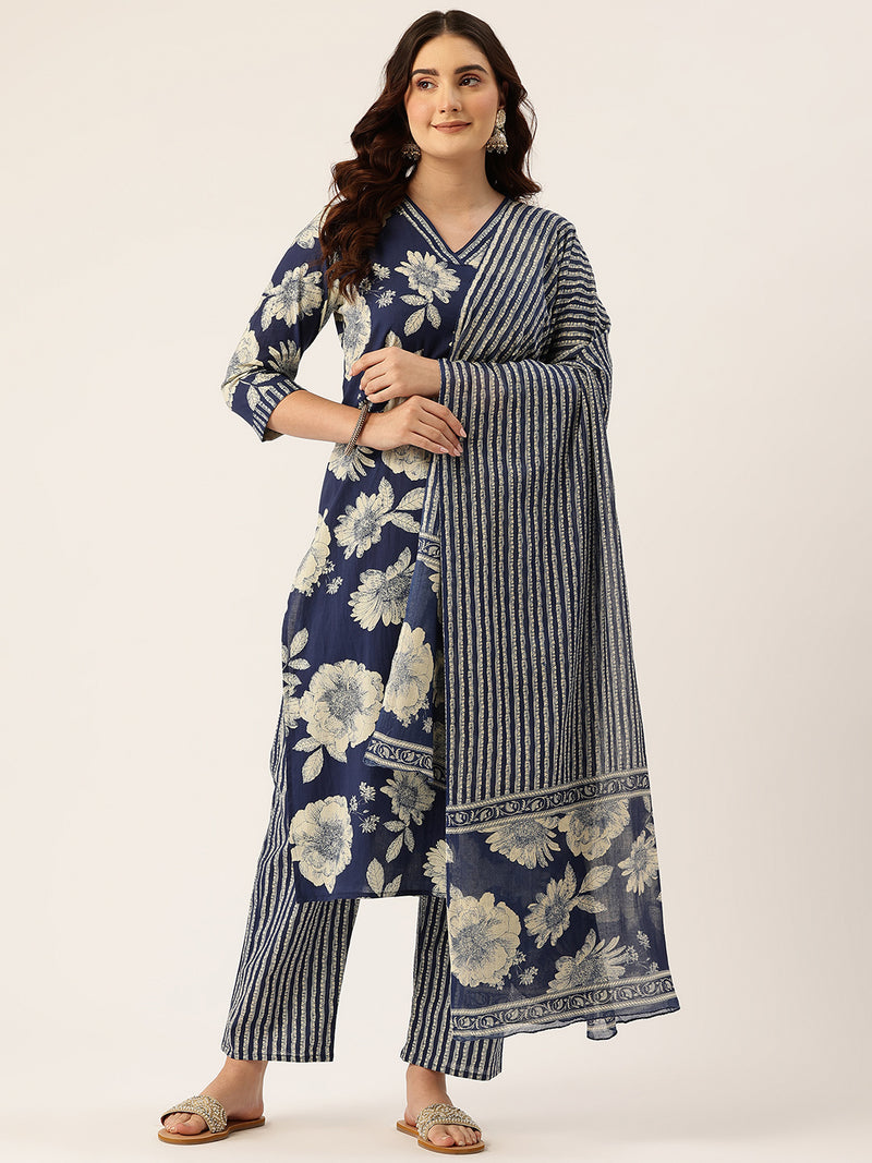 Bodered V-Neck 3-Piece Kurta Set with Ankle-Length Pants & Full-Length Dupatta (Size S-XXL).