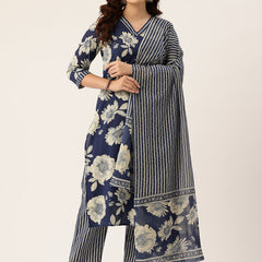 Bodered V-Neck 3-Piece Kurta Set with Ankle-Length Pants & Full-Length Dupatta (Size S-XXL).