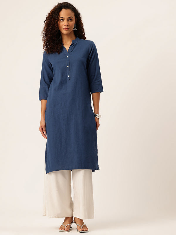 Women’s Solid Long Kurti with Mandarin Collar, 3/4 Sleeves & Pocket | Plain Elegant Cotton Kurta for Daily & Office Wear