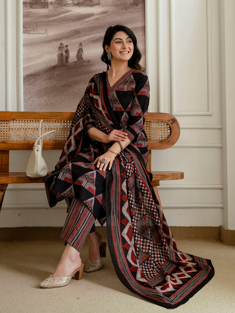 Bordered V-Neck 3-Piece Kurta Set with Ankle-Length Pants & Full-Length Dupatta (M–XXL)