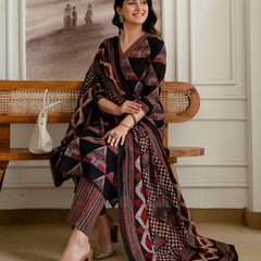 Bordered V-Neck 3-Piece Kurta Set with Ankle-Length Pants & Full-Length Dupatta (M–XXL)