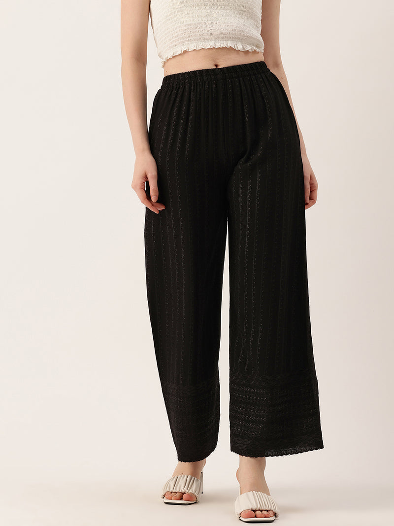 Black Black Embroidered Cotton Palazzos–Elastic Waist & Ankle-Length with Side Pocket