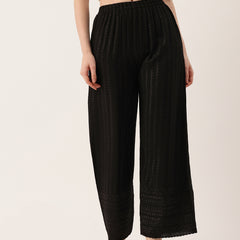 Black Black Embroidered Cotton Palazzos–Elastic Waist & Ankle-Length with Side Pocket