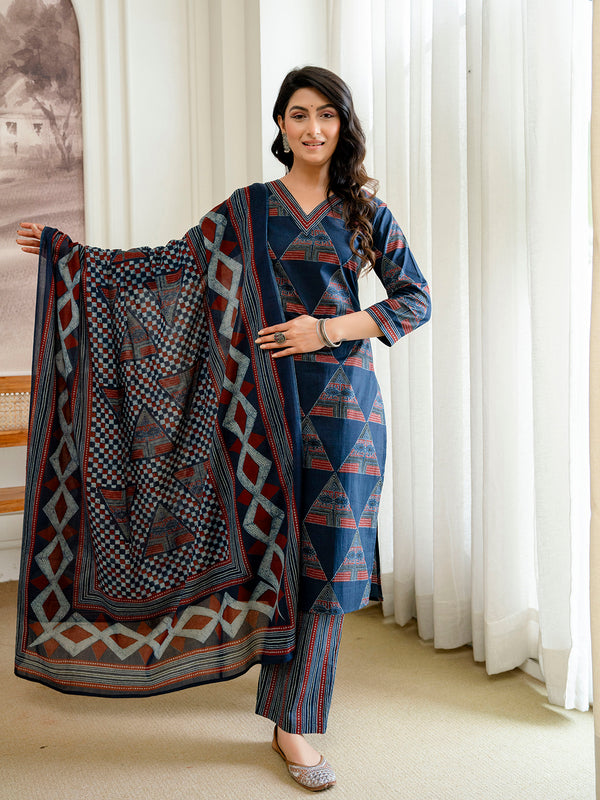 Bordered V-Neck 3-Piece Kurta Set with Ankle-Length Pants & Full-Length Dupatta (M–XXL)